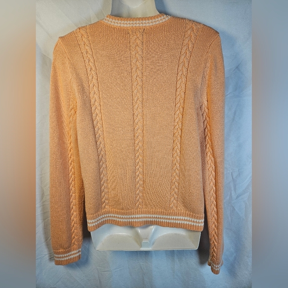 IZOD Cable Knit V Neck Sweater Peach Varsity Stripe Cotton M - Picture 5 of 9